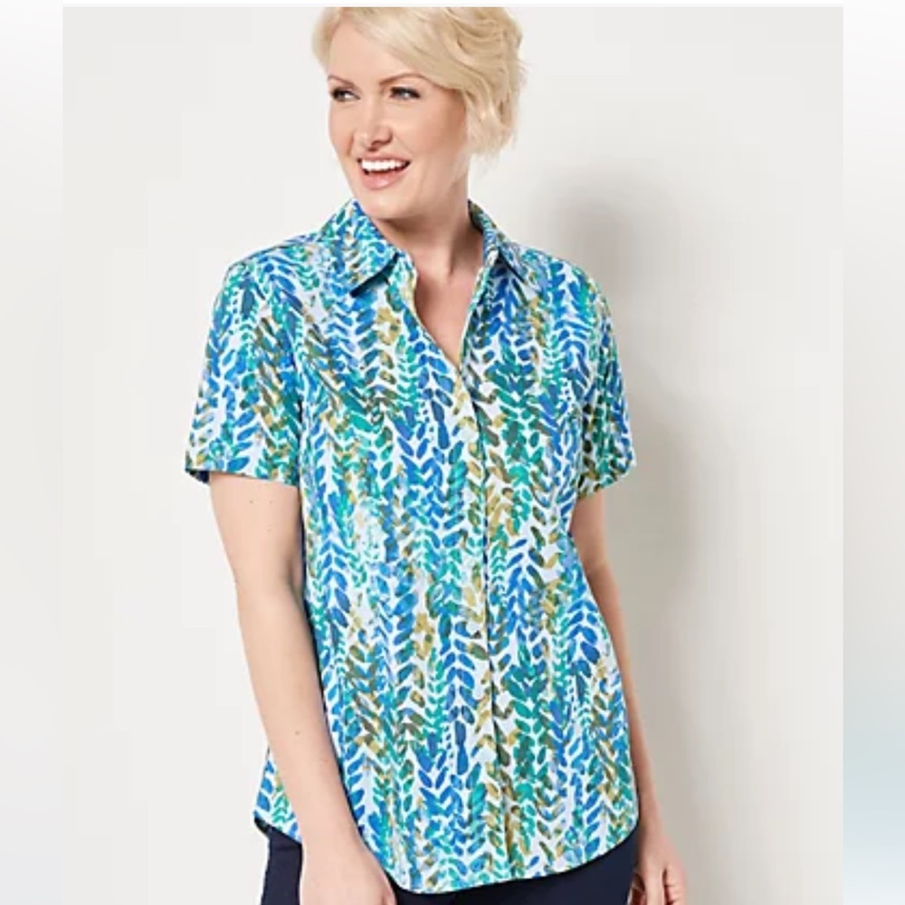 Denim & Co. Printed Button Front Shirt in Blue Leaf Multi, Size M